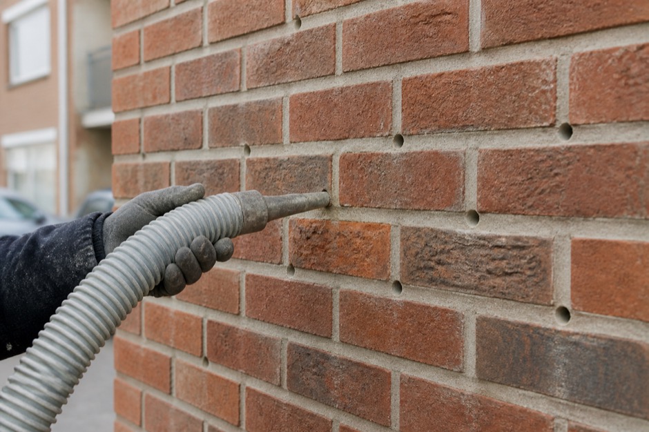 Vakman blaast isolatie in de spouwmuur van een bakstenen gevel